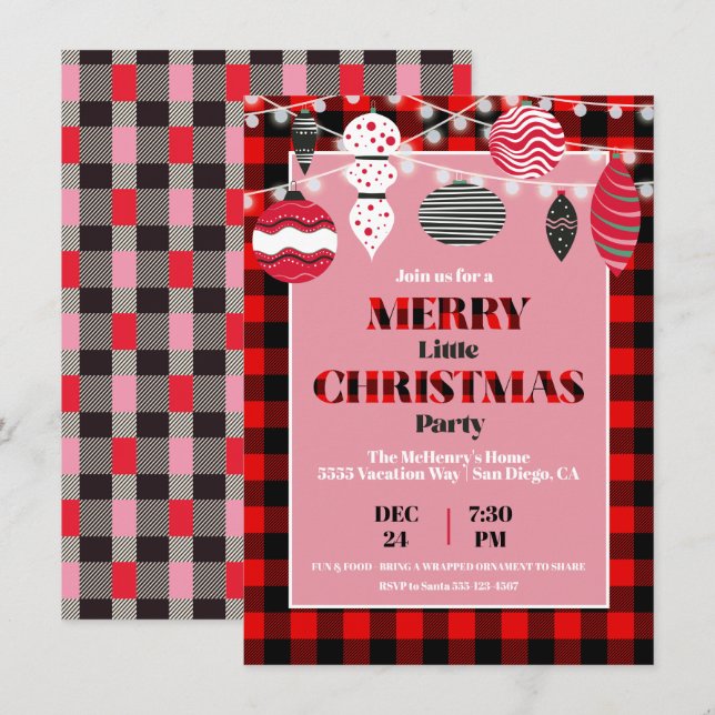 Retro Flannel fête de Noël Ornement Invitation (Devant / Derrière)