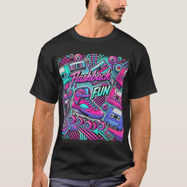 Retro Flashback Fun Roller Skate and Cassette Art T-Shirt (Front)