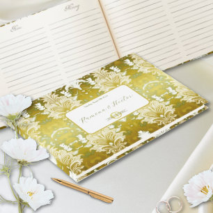 Retro Floating Ink Gold Green Silk Guest Book