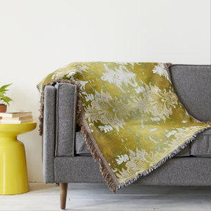 Retro Floating Ink Gold Green Silk Throw Blanket