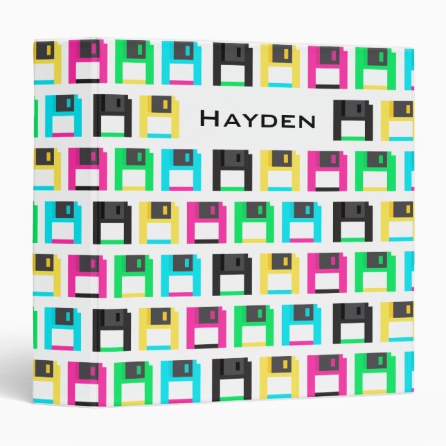 Retro Floppy Disc Pixel Pattern Colourful Name Binder (Front/Spine)