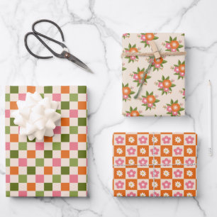 Retro Floral and Chequerboard Pink Orange Green Wrapping Paper Sheet