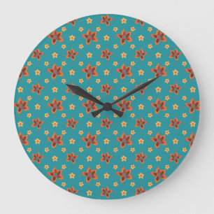 Retro Floral and Polkas on Teal Wall Clock