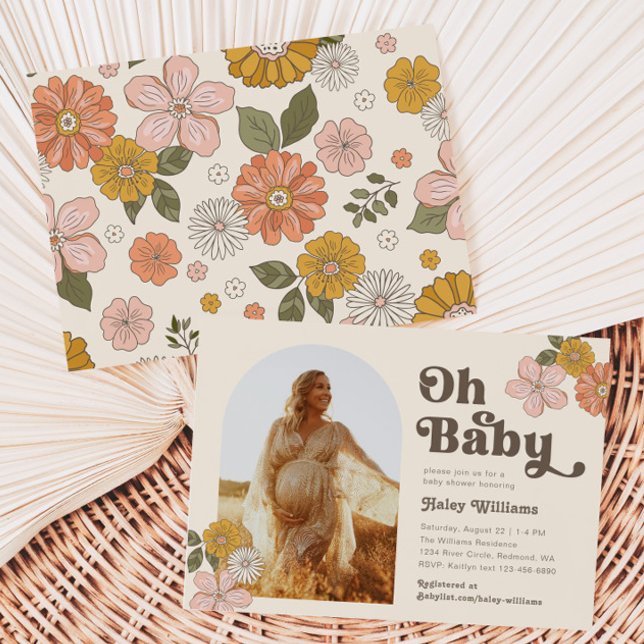 Retro Floral Baby Shower Invitation | Photo Shower (Creator Uploaded)