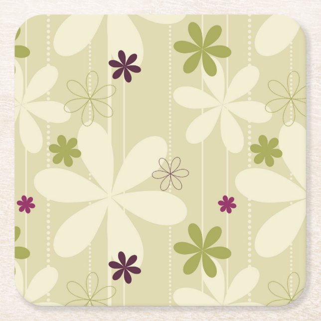 Retro Floral Background Square Paper Coaster (Front)