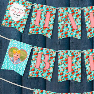 Retro Floral Berry First Happy Birthday Photo Bunting Flags
