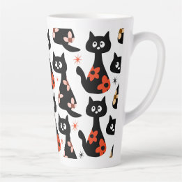 Retro Floral Black Cat (White) Latte Mug