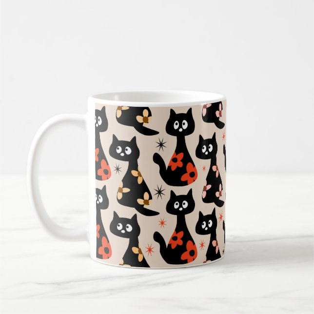 Retro Floral Black Cats (Soft Beige) Coffee Mug (Left)