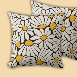 Retro Floral black yellow block print Throw Pillow