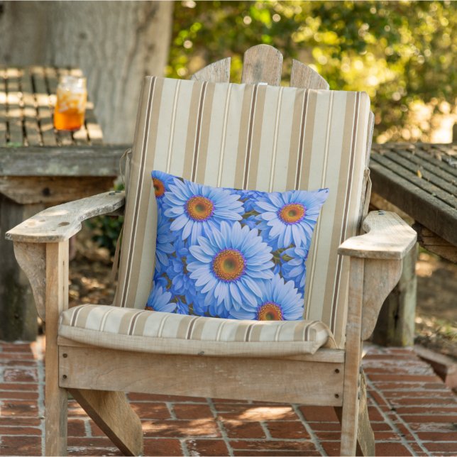 Retro floral blue sunflowers blue daisies pattern  outdoor pillow (Chair)