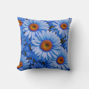 Retro floral blue sunflowers blue daisies pattern  throw pillow