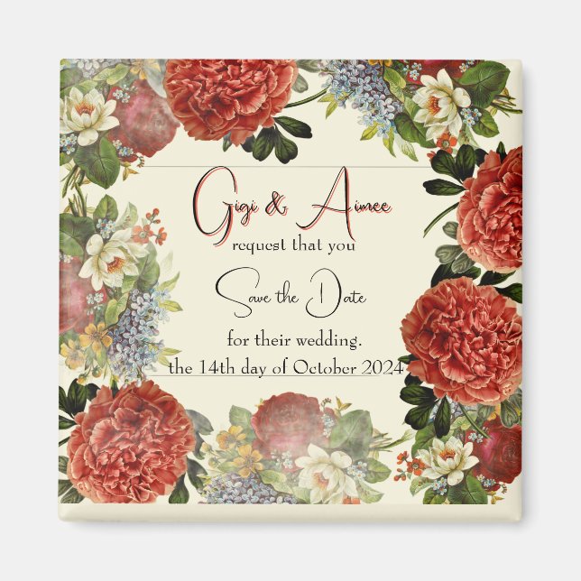 Retro Floral BOHO Wedding Save the Date Magnets (Front)