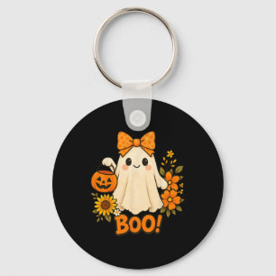 Retro Floral Boo Ghost Pumpkin Bow Halloween Women Keychain