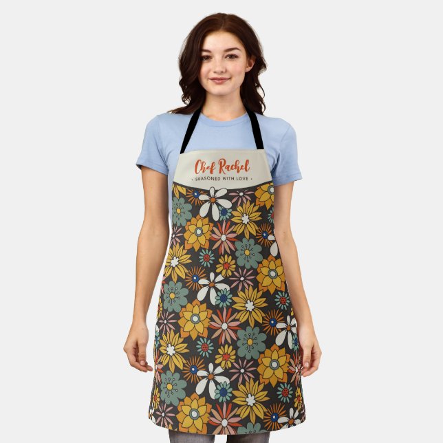 Retro Floral Brown Gold Teal Personalized  Apron (Worn)