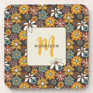 Retro Floral Brown Gold Teal Personalized  Coaster