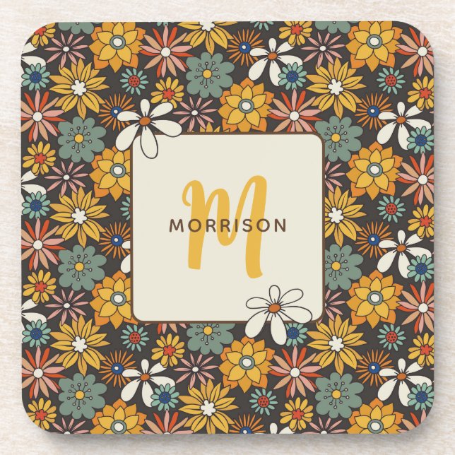 Retro Floral Brown Gold Teal Personalized  Coaster (Front)