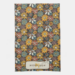 Retro Floral Brown Gold Teal Personalized Kitchen Towel