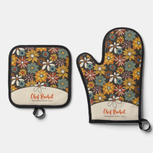 Retro Floral Brown Gold Teal Personalized  Oven Mitt & Pot Holder Set