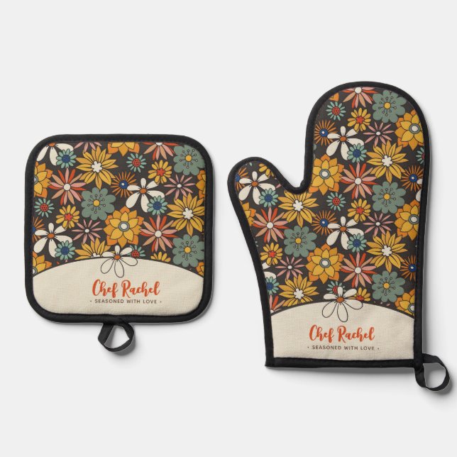 Retro Floral Brown Gold Teal Personalized  Oven Mitt & Pot Holder Set (Front)