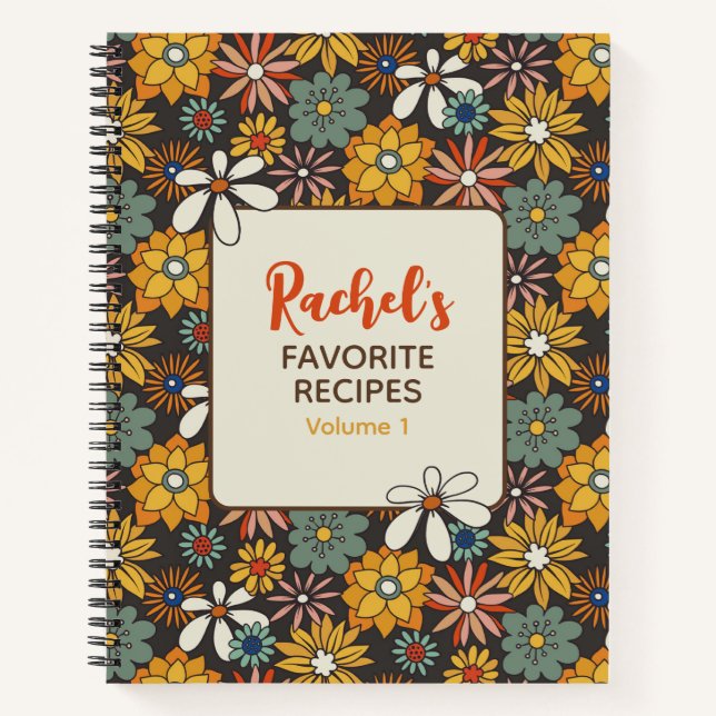 Retro Floral Brown Gold Teal Personalized Recipe Notebook (Front)