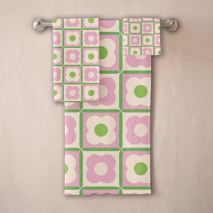 Retro Floral Checker Motif rose et vert