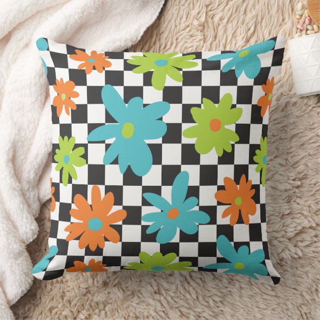 Retro Floral Chequerboard Grid Pattern Throw Pillow (Blanket)