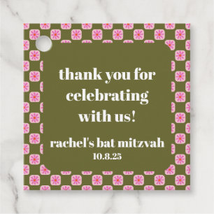 Retro Floral Chequerboard Pink Green Bat Mitzvah  Favour Tags