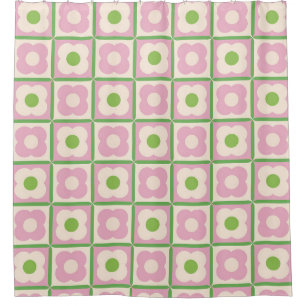 Retro Floral Chequered Pattern Pink and Green