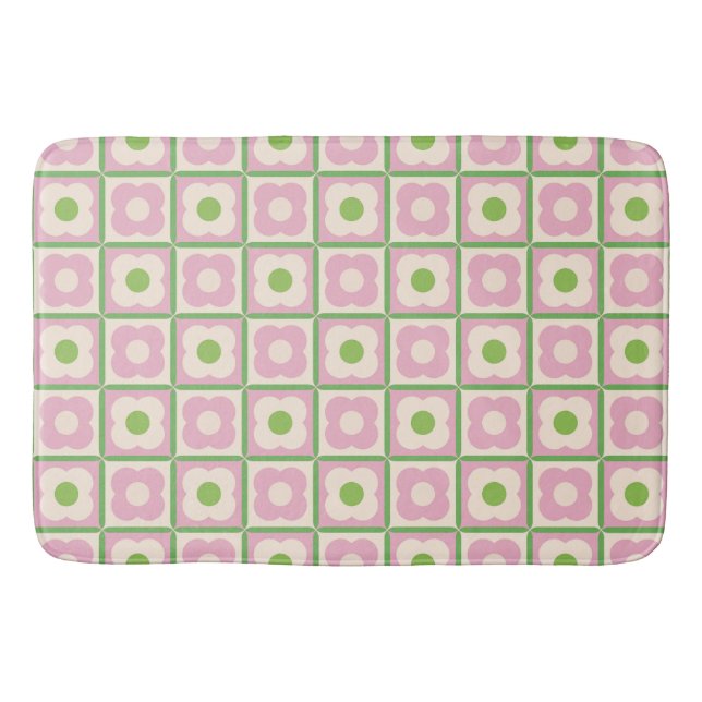 Retro Floral Chequered Pattern Pink and Green Bath Mat (Front)