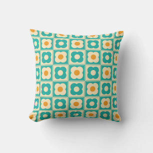 Retro Floral Chequered Pattern Teal, Cream, Orange Throw Pillow