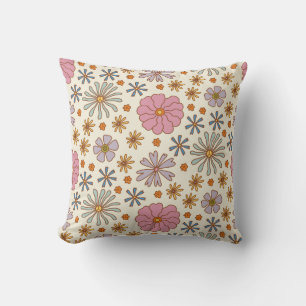 Retro Floral Coat 70s Style - Boho Flowers on Ton Throw Pillow