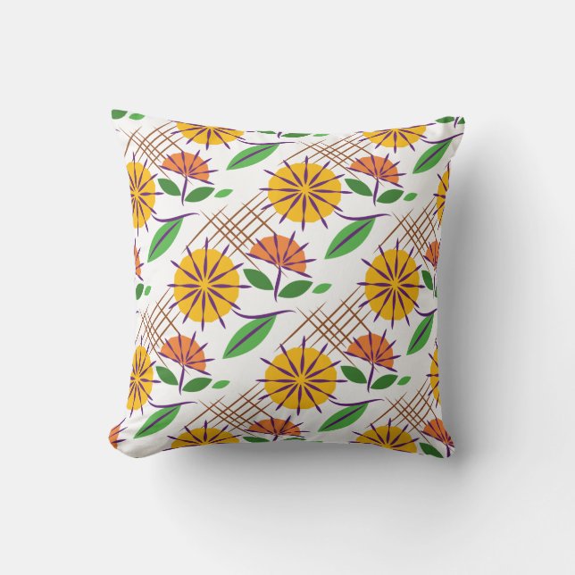 Retro Floral Contemporary Pattern Yellow + Orange Throw Pillow (Front)