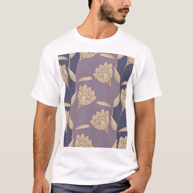 Retro Floral Crocus: Blue Mauve Wallpaper T-Shirt (Front)