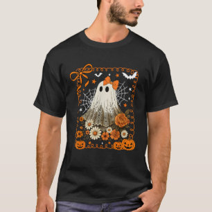 Retro Floral Cute Ghost Pumpkin Autumn Halloween W T-Shirt
