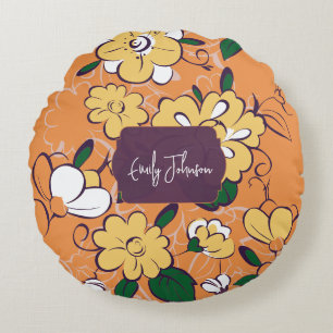 Retro Floral Daisy Orange Autumn Custom Name Round Pillow