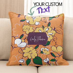 Retro Floral Daisy Orange Autumn Custom Name Throw Pillow