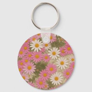 Retro Floral Daisy Pattern Aesthetic Design Keychain