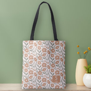 Retro Floral Daisy Pattern Monogram Name  Tote Bag