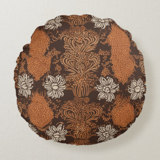 Retro Floral Damask Brown & Burnt Orange Round Pillow