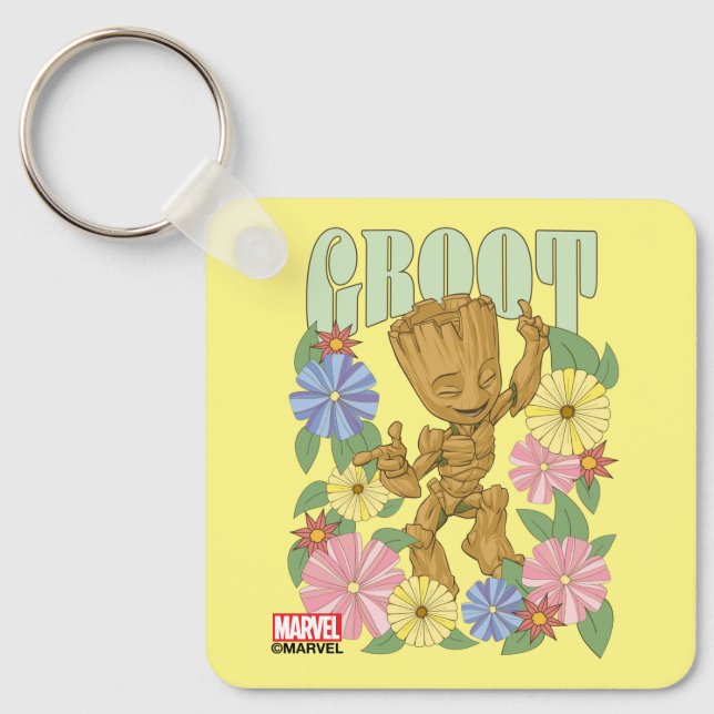Retro Floral Dancing Kid Groot Graphic Keychain (Front)