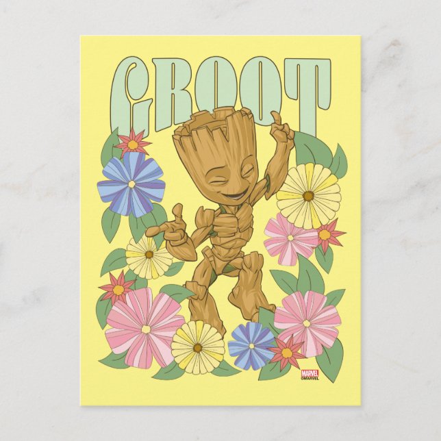 Retro Floral Dancing Kid Groot Graphic Postcard (Front)