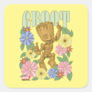 Retro Floral Dancing Kid Groot Graphic Square Sticker