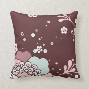 Retro Floral Design Brown, Blue And Pink Accents Throw Pillow