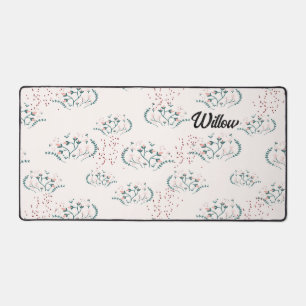 Retro Floral Design with Faux Blue Glitter Desk Mat