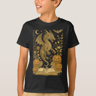 Retro Floral Dragon Book Pumpkin Spooky Reading Ha T-Shirt