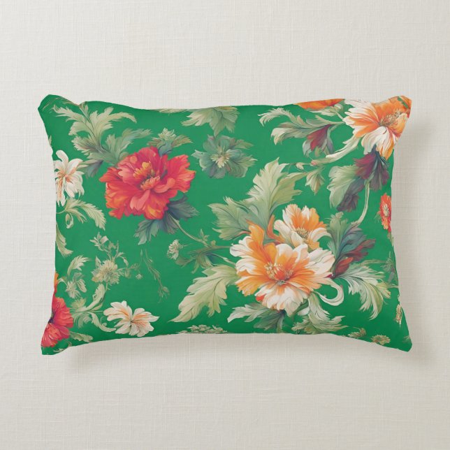 Retro Floral Elegant Patterned Flowers Green Accent Pillow (Front)