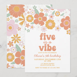 Retro Floral Five is a Vibe 5th birthday Invitation