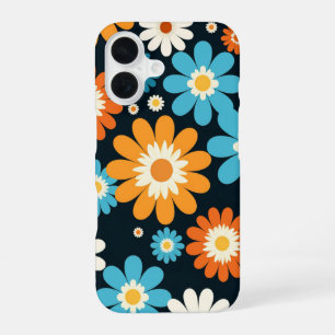 Retro Floral Flowers Blue Orange White Groovy iPhone 16 Case