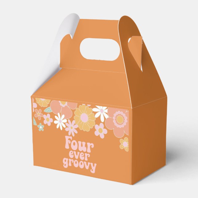 Retro Floral four ever groovy 4th birthday Favor Box (Front Side)