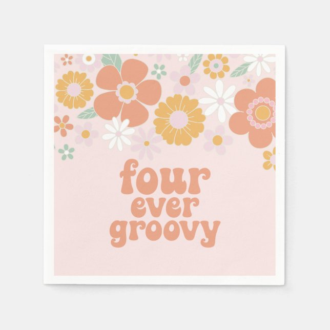 Retro Floral Four ever groovy  4th birthday Napkin (Front)